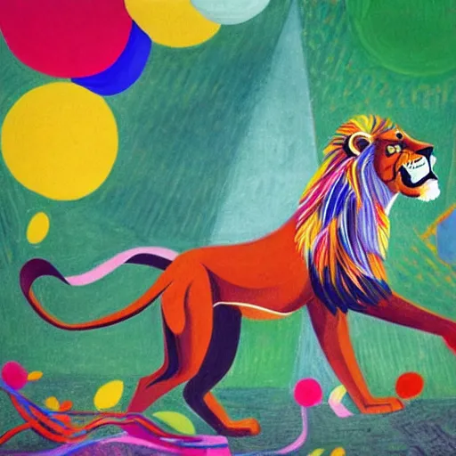 Prompt: lion running through the forest, surrounded by colorful ribbons and party confetti , concept art, huge scale, high detail, sci fi by Pablo Picasso