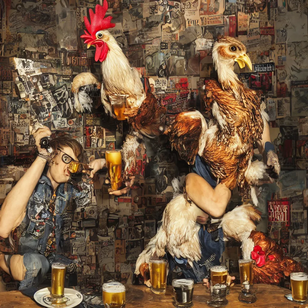 Image similar to fine portrait of a humanoid chicken dressed in punk clothes drinking beer, ultra-realistic, 16K 3D, crying engine