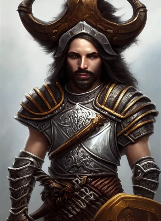 Prompt: portrait of an athletic male conquistador as a diablo 3 character, looking at camera, D&D, armor master, long dark hair, intricate, elegant, stylish, cute smile, fantasy, extremely detailed, digital painting, artstation, concept art, smooth, sharp focus, illustration, ambient lighting, art by artgerm and greg rutkowski and alphonse mucha and simon stalenhag