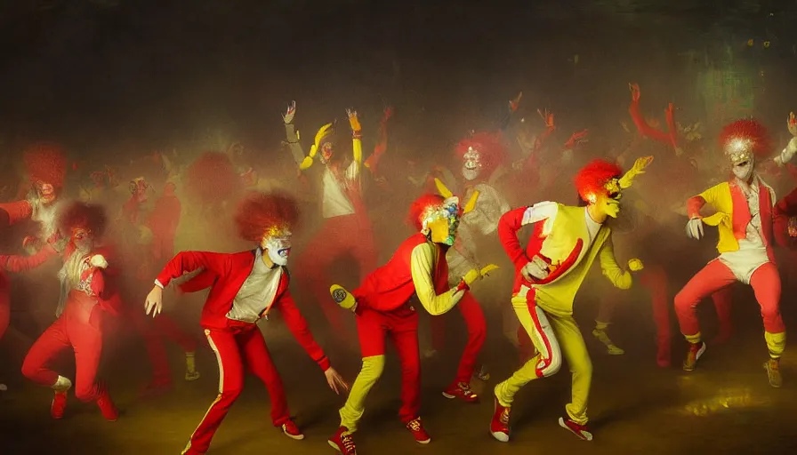 Image similar to highly detailed painting of a group of ronald mcdonalds with red afros, white facepaint, red noses and yellow tracksuits dancing at a cyber nightclub rave by william turner, by greg rutkowski, by william constable, thick brush strokes and visible paint layers, 4 k resolution