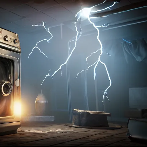 Prompt: a time machine made out of a washing machine with cool lights and steam and lightning, unreal engine