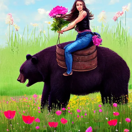 Image similar to girl riding a giant black bear in a field of flowers, trending on artstation