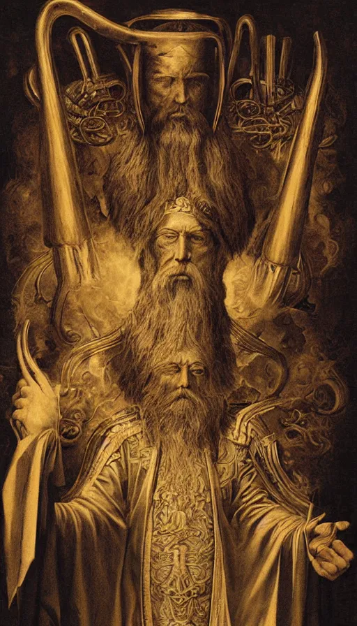 Image similar to the emperor, ram horns, taurus, mars energy, scepter in his hand, ankh, wisdom, long white beard, agostino arrivabene