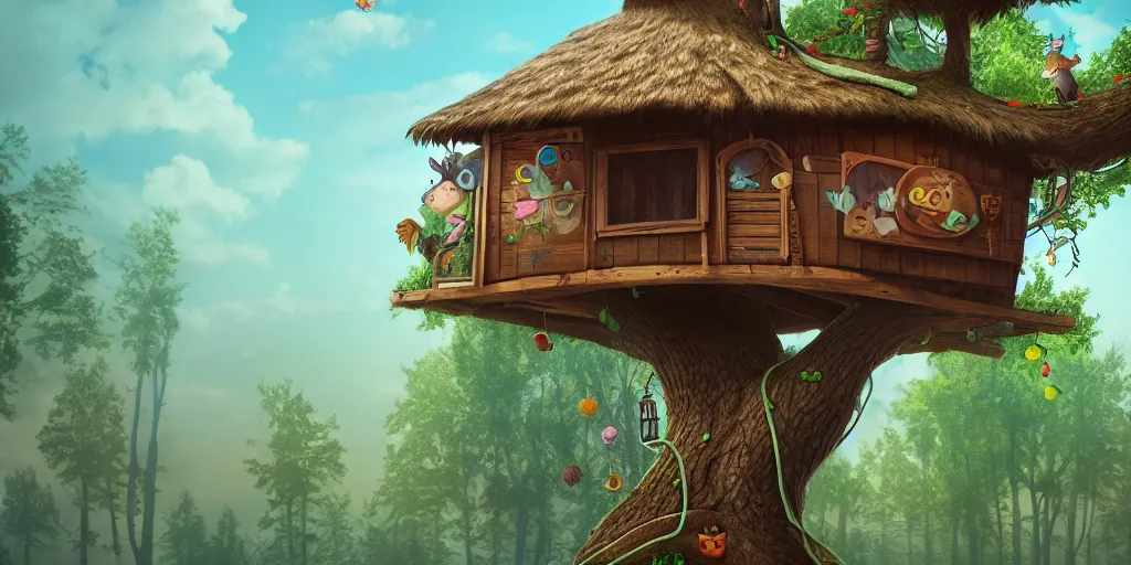 Prompt: treehouse logo, cute, illustration, digital art, highly detailed, photorealistic, octane render, 8 k, unreal engine 5, trending on artstation