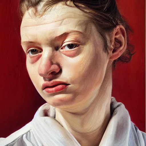 Image similar to high quality high detail painting by lucian freud, hd, strong girl portrait, photorealistic lighting