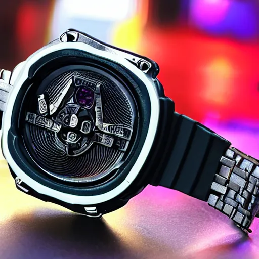 Prompt: photorealstic gshock watch cyberpunk, metaverse, fullmetal