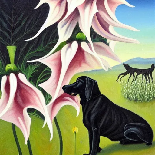 Image similar to oil painting of datura strammonium flowers with a vicious black dog in the foreground