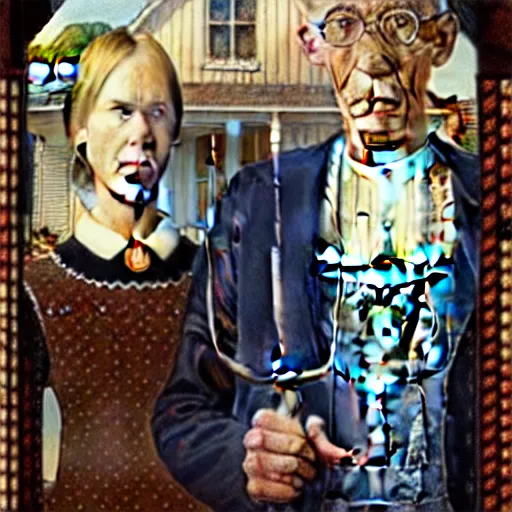 Image similar to American Gothic, with Doctor Who and the TARDIS, by MARVEL comics and Sandra Chevrier, 8k