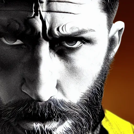 Image similar to Tom Hardy as wolverine with yellow mask Digital art 4K quality