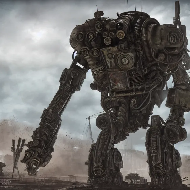 Image similar to a mech in the style of fallout in the style of mad max in the style of metro : 2 0 3 3 hyper detailed photorealistic hd 8 k post - processing high resolution