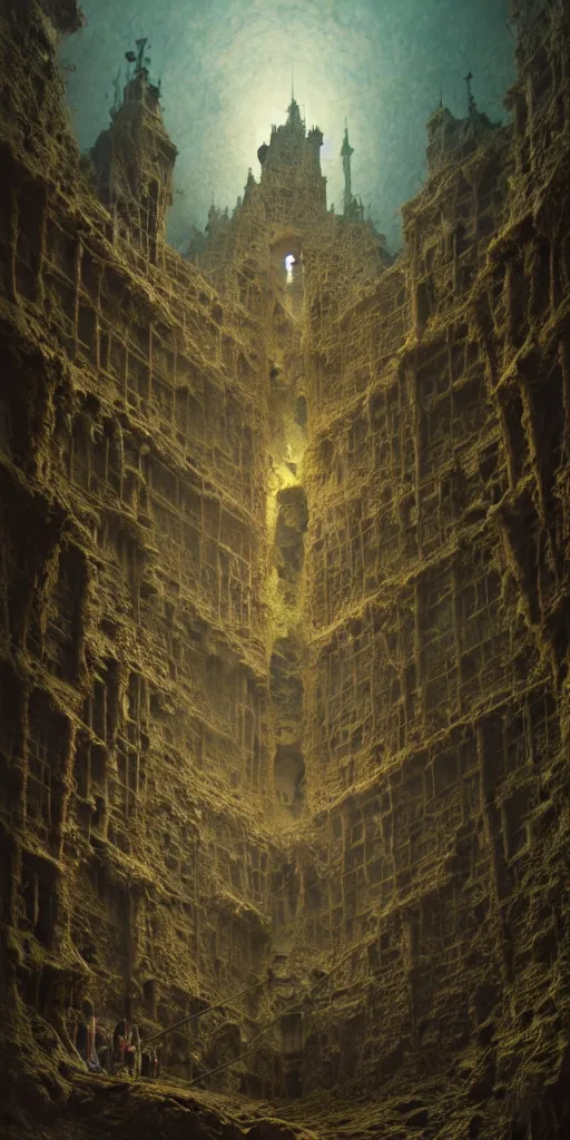 Image similar to three medieval explorers wandering an enormous castle filled with skulls, ruined medieval architecture, volumetric lighting, by zdzislaw beksinski, by gustave dore, by peter mohrbacher, lovecraftian, amazing details, vivid colors, detailed, epic, waterfall, rule of thirds