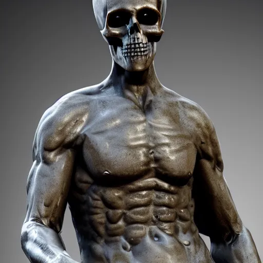 Image similar to statue of david with a skull face. realistic photo. 8 k.