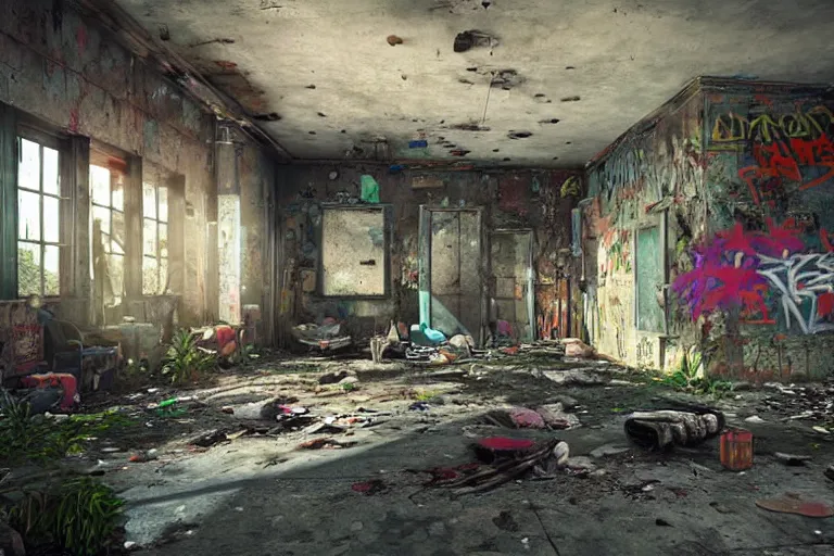 Image similar to perspective shot of a grungy derelict georgian manor interior with colourful graffiti on the walls and garbage scattered on the floor, reclaimed by nature in the style of last of us, trending on cgsociety, high detail, cinematic lighting, 8k, rendered in unreal engine