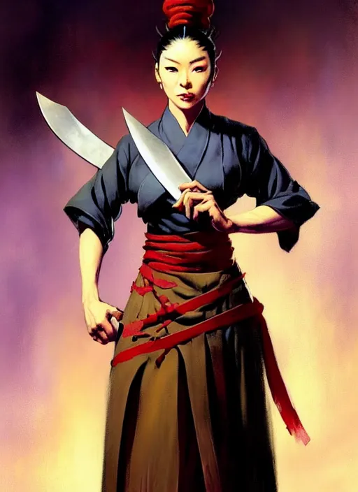 Prompt: magic : the gathering fantasy character concept art by frank frazetta and marco bucci, high resolution. a clear portrait of a stunning female south korean chef, wearing a beautiful hanbok apron, holding a kitchen knife, radiating powerful energy in the background, fantasy coloring, intricate, digital painting, artstation, smooth, sharp focus