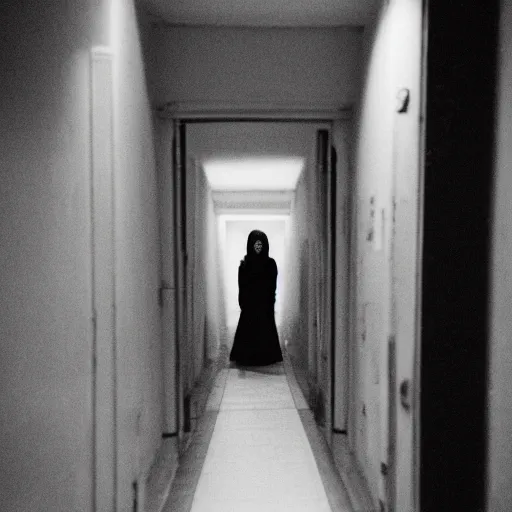 Prompt: a creepy long dark hallway with Samara Morgan standing at the end of it, liminal space, 35mm photograph, flash photography