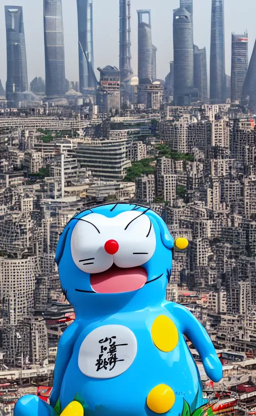 Image similar to a < 3 d plastic doraemon > melting in the heat outdoors, shanghai in the background, heat wave, fierce sunlight, digital art, high definition photo, 8 k