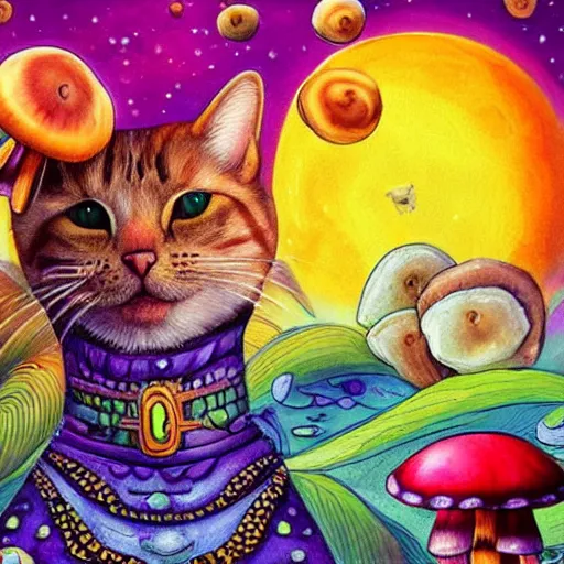 Prompt: cat in an alien planet full of mushrooms, fantasy, vivid colors