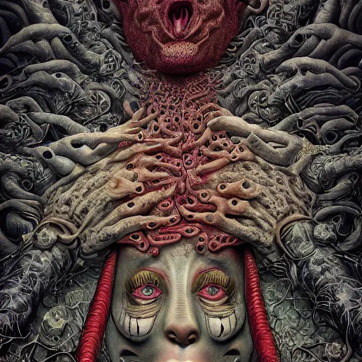 Image similar to many mouths, freak show, surrealism, fractalism, strange, hyperdetailed, photorealistic, interesting, benoit b. mandelbrot, m. c. escher, patrick woodroffe, ernst fuchs, zdzisław beksinski, id magazine, octane, cinematic, hyperrealism, 8 k, depth of field, bokeh