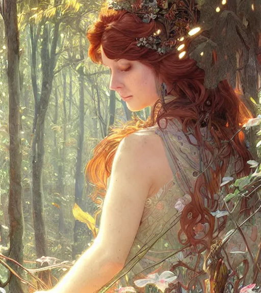 Prompt: beautiful cottagecore woman, intricate, magical forest, stunning, highly detailed, digital painting, artstation, concept art, smooth, sharp, focus, illustration, art by artgerm and greg rutkowski and alphonse mucha