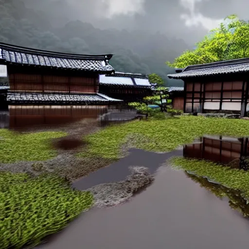 Image similar to still photo of rain puddles and reflections in a japanese village, cloudy weather, highly detailed, photorealistic shot, bright studio setting, studio lighting, crisp quality and light reflections, unreal engine 5 quality render