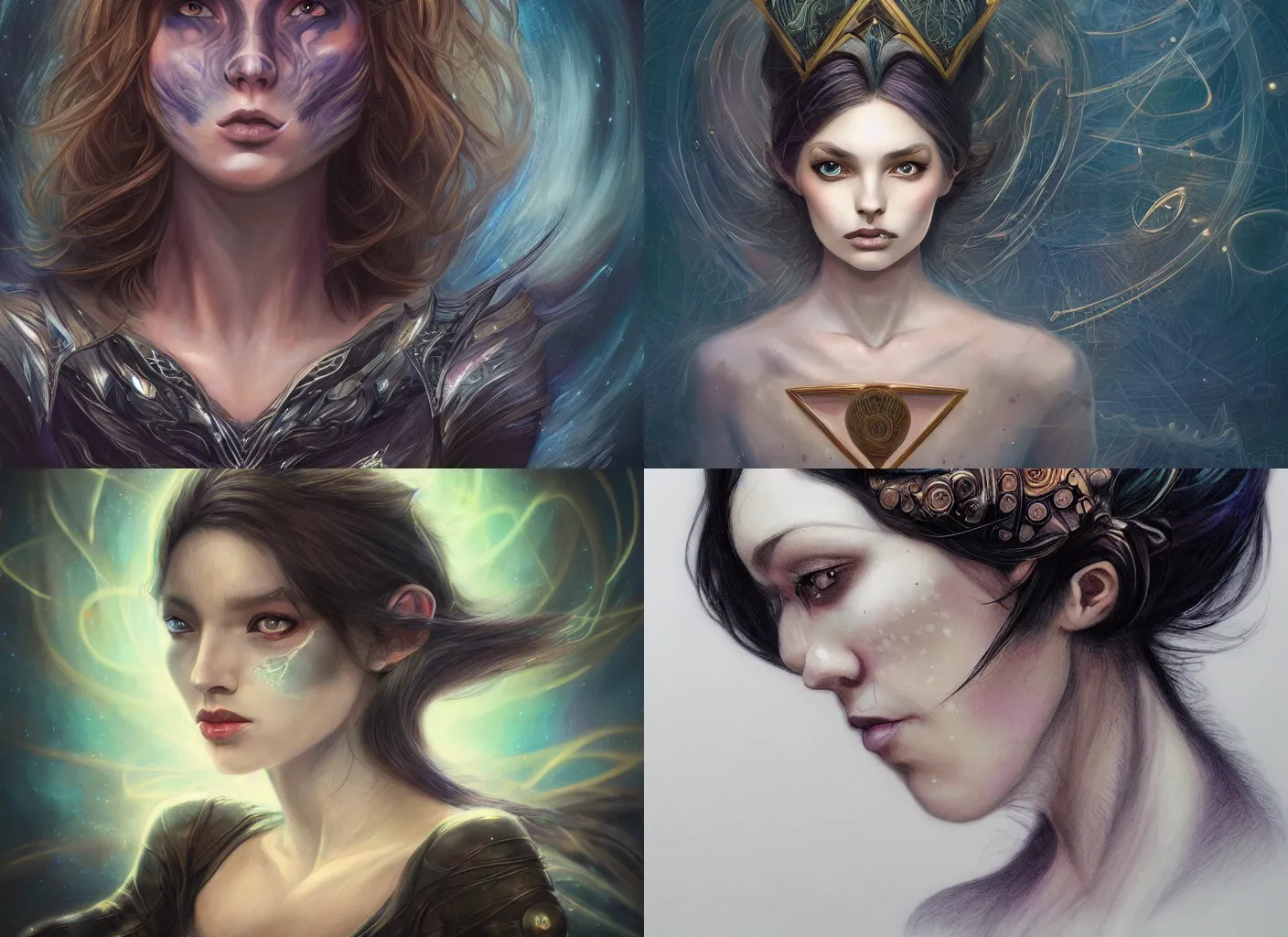 Prompt: realistic character concept, dark magician girl with spells on the face, elegant pose, scifi, illustration, symmetrical face and body, artstation, cinematic lighting, hyperdetailed, 8 k, inspirate by michael shapcott, inspirate by melissa forman, insanely detailed and intricate, elegant, dark fractal background, vfx, art deco, postprocessing