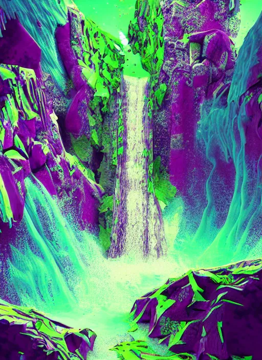 Image similar to a 3 d fractalpunk illustration of a waterfall, colors splashing and spattering the ground