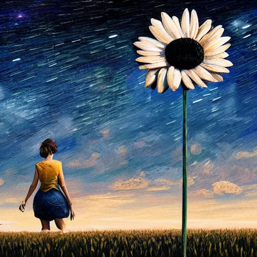 Image similar to giant daisy flowers as a head, girl walking in wheat field, hills, surreal photography, moon light, dark night, star trails, dramatic light, impressionist painting, clouds, digital painting, artstation, simon stalenhag