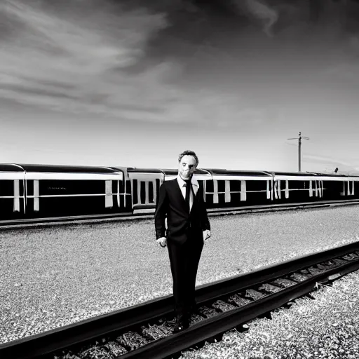 Prompt: a man in a suit waiting at a train station with a view of outer space on the other side, award-winning photograph