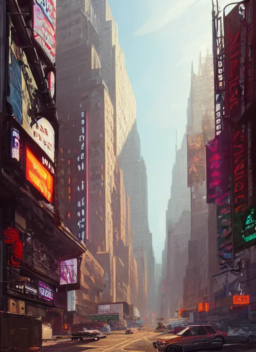 Prompt: highly detailed new york illustration in gta v, stephen bliss, unreal engine, fantasy art by greg rutkowski, loish, rhads, ferdinand knab, makoto shinkai and lois van baarle, ilya kuvshinov, rossdraws, tom bagshaw, global illumination, radiant light, detailed and intricate environment