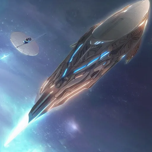 Image similar to concept art of a large space vessel in the shape of an spear flying through the space, scifi, beautiful ilumination, artstation hq