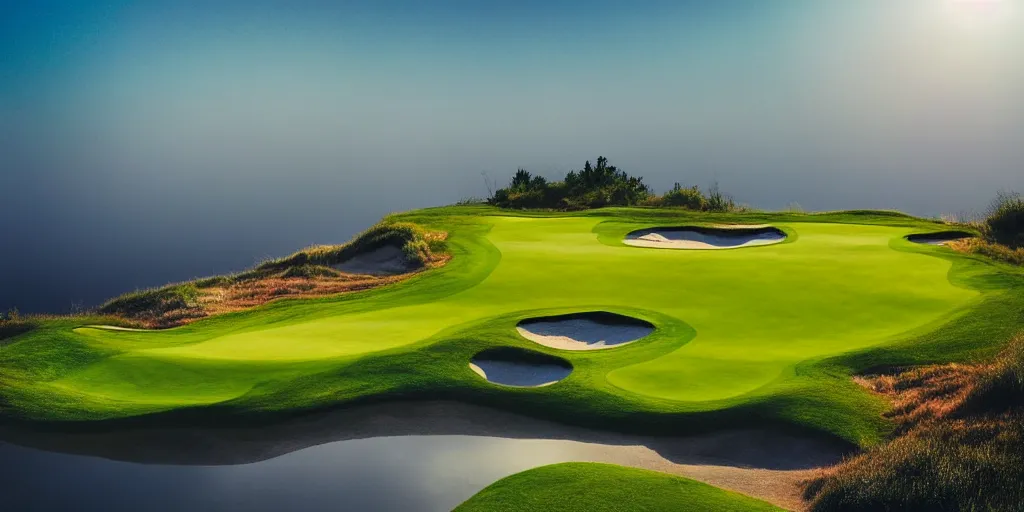 Prompt: a great photograph of the most amazing golf hole in the world completely surrounded by water, calm water, perfect light, ambient light, miniature, tilt shift lens, golf digest, top 1 0 0, fog