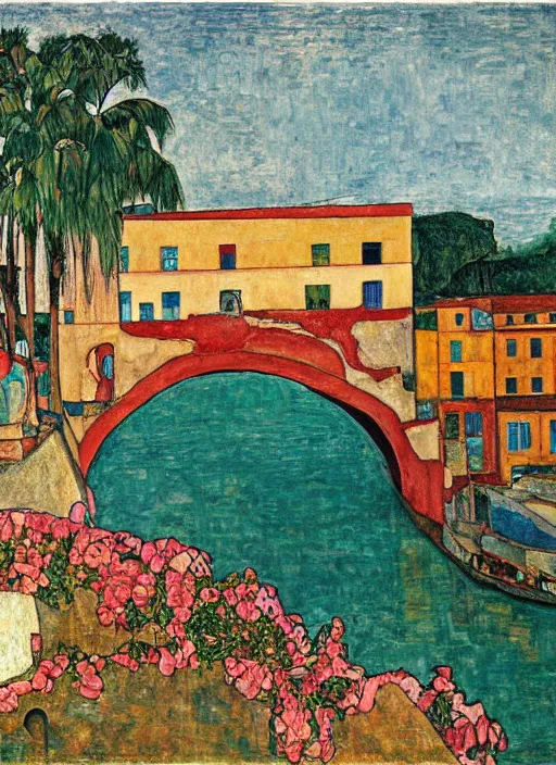 Image similar to a big through arch bridge on local river, a lot of old boat in river, brick buildings near a lot of palm trees and bougainvillea, hot with shining sun, painting by egon schiele