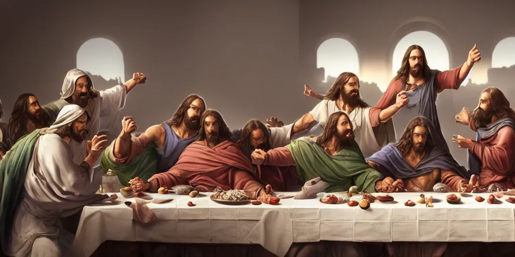 Prompt: professional physically based octane render of Jesus fighting Venom at the Last Supper, character concept art, epic composition, style of Marvel, 8k comic art, intricately detailed