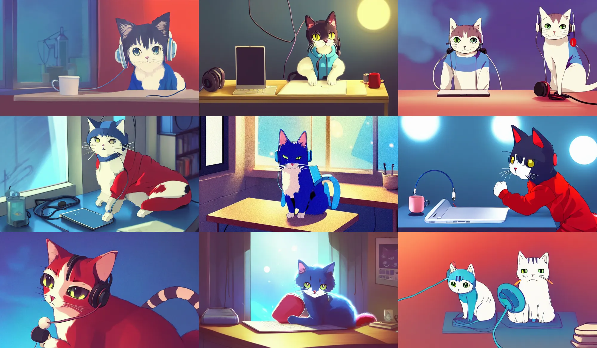 Prompt: lo - fi realistic anime cat, wearing a blue cardigan and red aesthetic lo - fi headphones, studying in a brightly lit room, a lamp hovers above as it illuminates the room, nighttime!!!!!!, cgsociety contest winner, artstation, golden ratio, dim lighting, studio ghibli!!!, 4 k