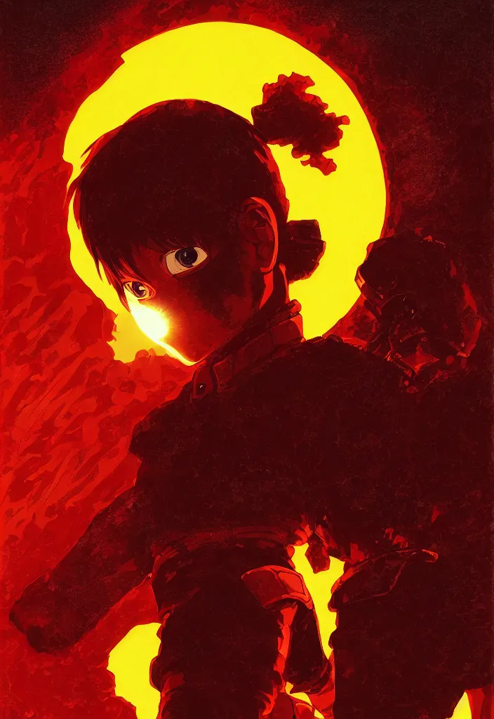 Image similar to detailed anime character portrait of kaneda from akira by katsuhiro otomo, silhouetted by a burning sun in neo - tokyo | anime, matte painting, dystopian megacity neo - tokyo, perfect, fine details, realistic, shaded, lighting, akira, artgerm, jeremy lipkin and michael garmash and rob rey