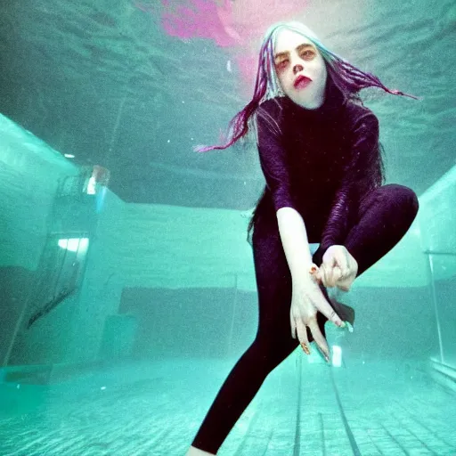 Image similar to billie eilish underwater in the style of nirvana nevermind