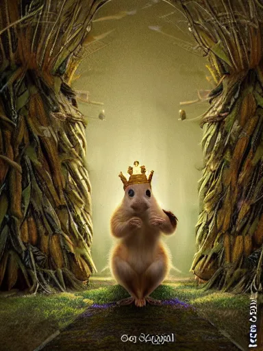 Image similar to the squirrel king, extremely plump, wearing crown of acorns and dandelions, servant squirrels, king arthur's court, low angle, palace, fantasy art, cinematic lighting, realistic, sony 2 4 mm f 4. 0