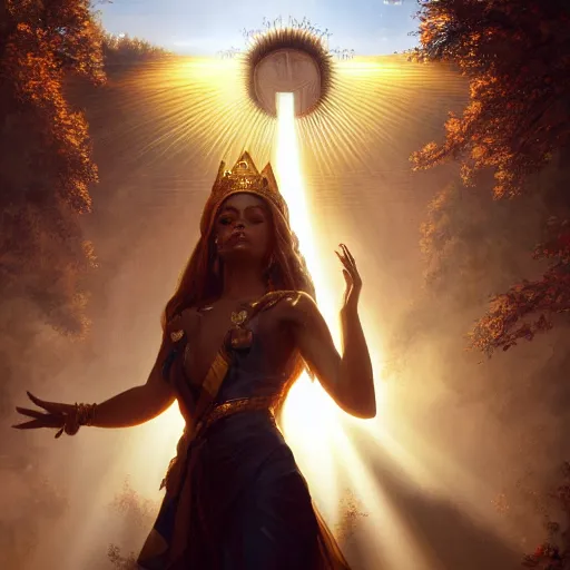 Image similar to a beautiful portrait of a sun goddess with a golden crown, sunlight beams, god rays, volumetric lighting, detailed, greg rutkowski, 8 k