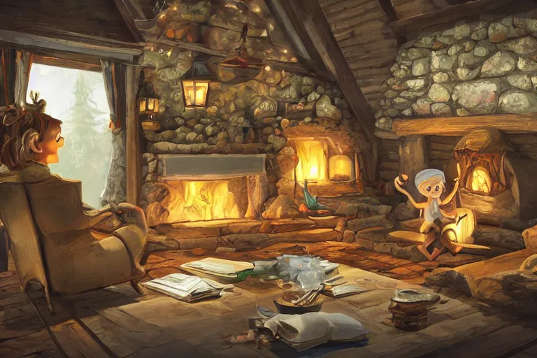 Prompt: wooden cottage, living room, elves sitting on the couch, high - tech devices, traditional fireplace, concept art