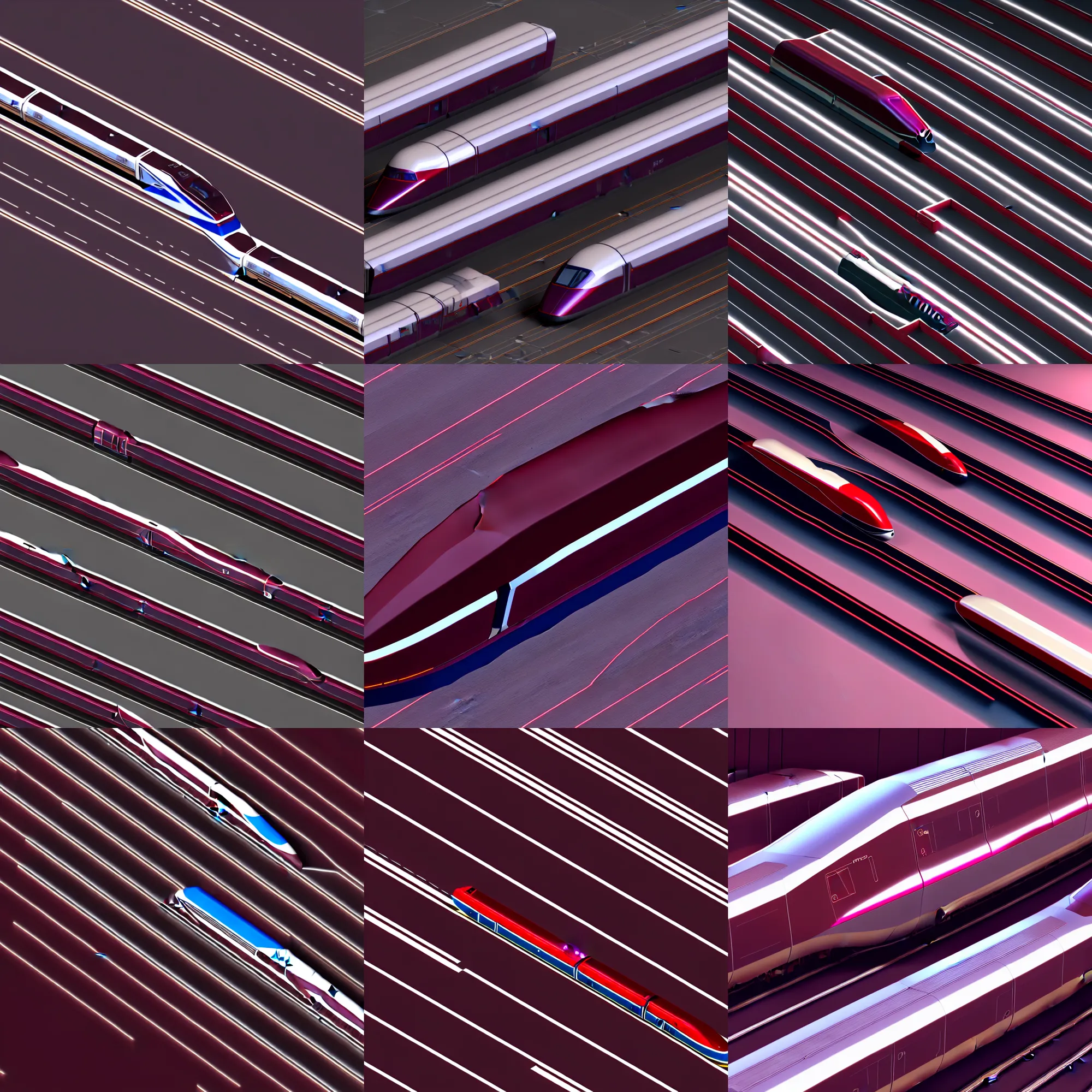 Prompt: isometric concept art for a maglev train, dark and soft lighting, 3d render, 8k, openttd, maroon accents, metallic reflections, star citizen origin 100i, supersonic rail, single central focus, close up 2077