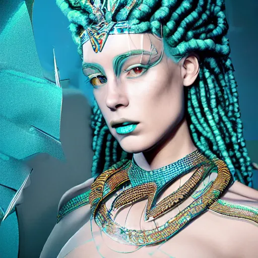 Image similar to unreal engine, octane render, 8 k, sandro botticelli full body portrait of lady of elche egyptian sumerian goddess princess intergalactica, nautical siren, queen of heaven, techno mystic goddess, with aqua neon dreadlocks, teal eyebrows encrusted with diamonds, wearing iris van herpen haute couture, star - gate of futurisma,