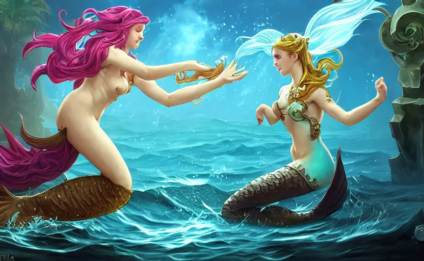 Image similar to two mermaids leaping from water to fistbump, fantasy, whimsical, dungeons and dragons, league of legends splash art, heroes of the storm splash art, hearthstone splash art, world of warcraft splash art, overwatch splash art, art by artgerm, art by alphonse mucha, intricately detailed, highly detailed, trending on artstation,