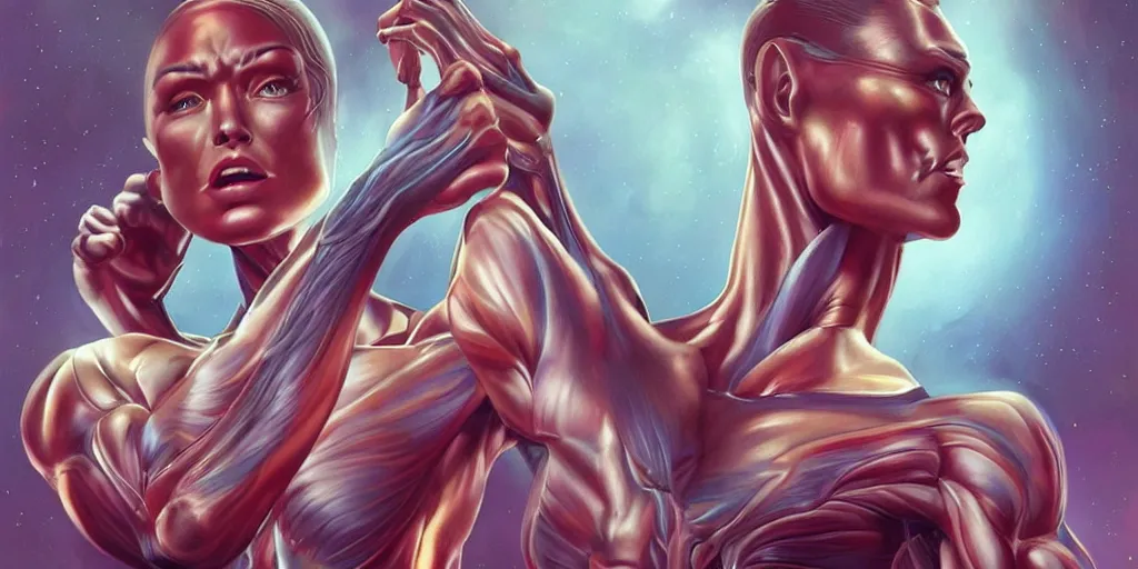 Image similar to beautiful muscular alien fitness model with 4 arms, sci - fi, portrait, digital painting, retro futurism, anatomically correct, by artgerm, ross trand and ilya kuvshinov