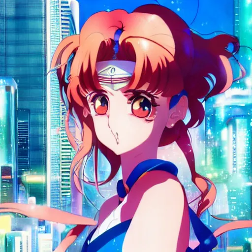 Image similar to portrait of sailor moon, city background, rich vivid colors, ambient lighting, dynamic lighting, 4k, HQ, official media, anime key visual, makoto shinkai, ilya kuvshinov, lois van baarle, rossdraws, detailed, trending on artstation