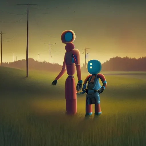 Image similar to a young girl and her tall humanoid robot going on a trip together, in a field, detailed, cinematic, cinematic lighting, by Simon Stalenhag