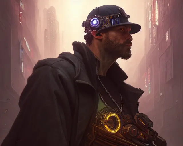 Prompt: man wearing a cyberpunk hat, deep focus, d & d, fantasy, intricate, elegant, highly detailed, digital painting, artstation, concept art, matte, sharp focus, illustration, hearthstone, art by artgerm and greg rutkowski and alphonse mucha