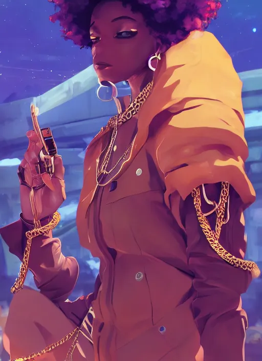 Image similar to afro - futurist gangstas, weapons and gold chains, jacking the metaverse | hyperrealistic oil painting | by makoto shinkai, ilya kuvshinov, lois van baarle, rossdraws | afrofuturism, in the style of hearthstone, trending on artstation | dark color scheme