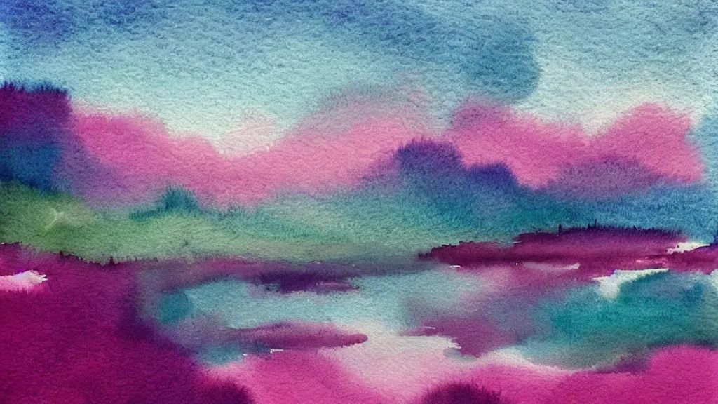 Prompt: watercolor landscape, pink and teal, high key lighting, trending in pinterest