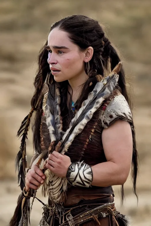 Image similar to Photo of Native American indian woman Emilia Clarke, portrait, skilled warrior of the Apache, ancient, realistic, detailed, Emilia Clarke