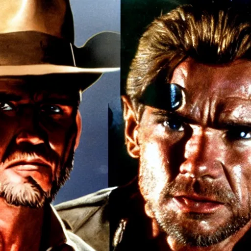 Image similar to indiana jones but played by arnold schwarzenegger with terminator hairdo